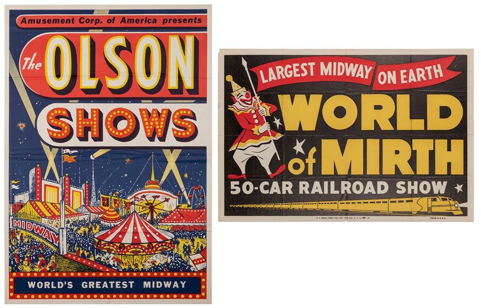  Two Carnival Posters. Including Olson Shows (59 x 41”); and...