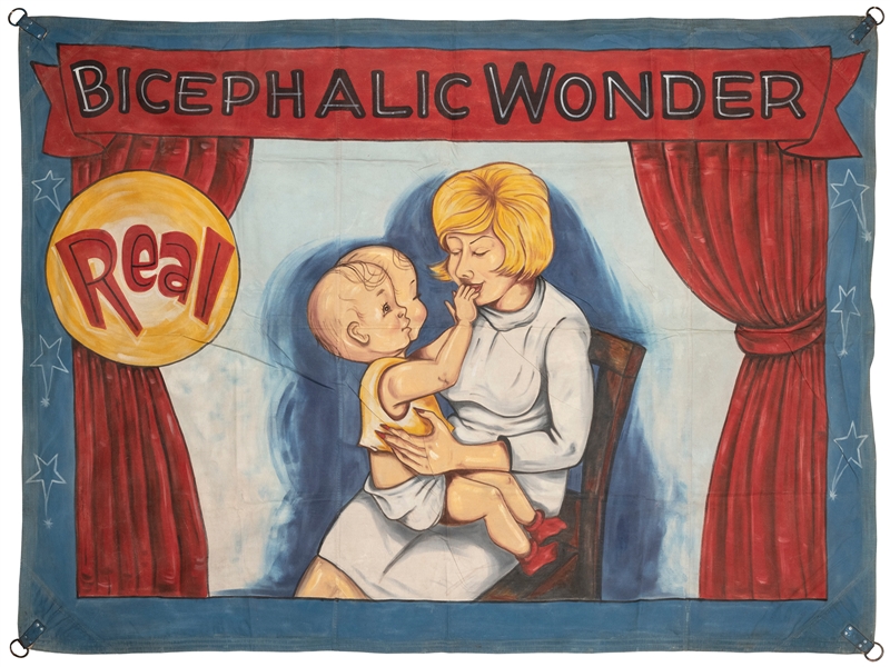  Bicephalic Wonder Carnival Sideshow Banner. A child with tw...