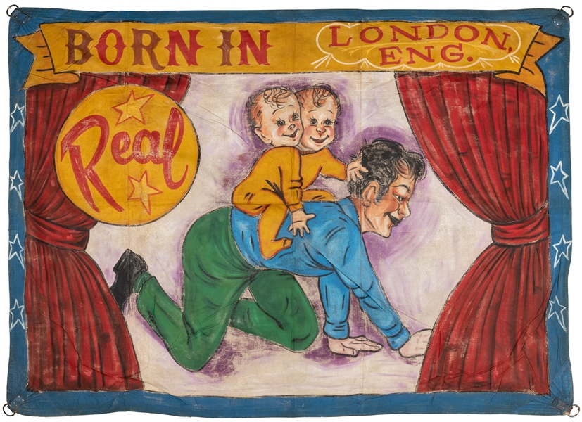  Bicephalic Baby Sideshow Banner. Painted canvas. A two-head...