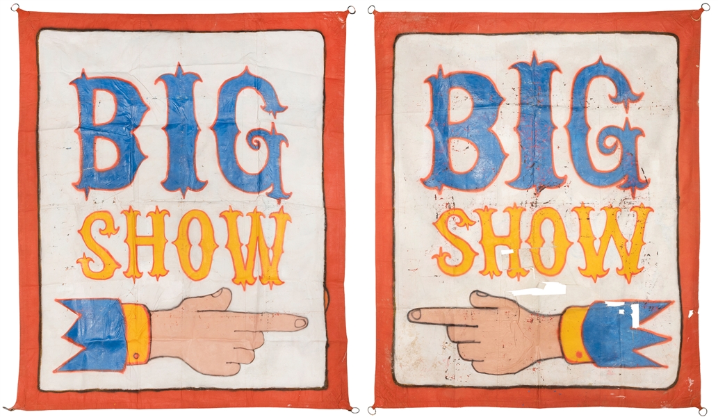  Pair of “Big Show” Sideshow Banners. Painted canvas banners...