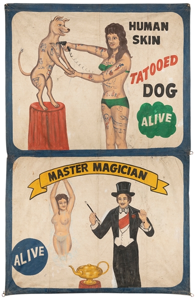 Tattooed Dog / Master Magician Double Sideshow Banner. Pain...