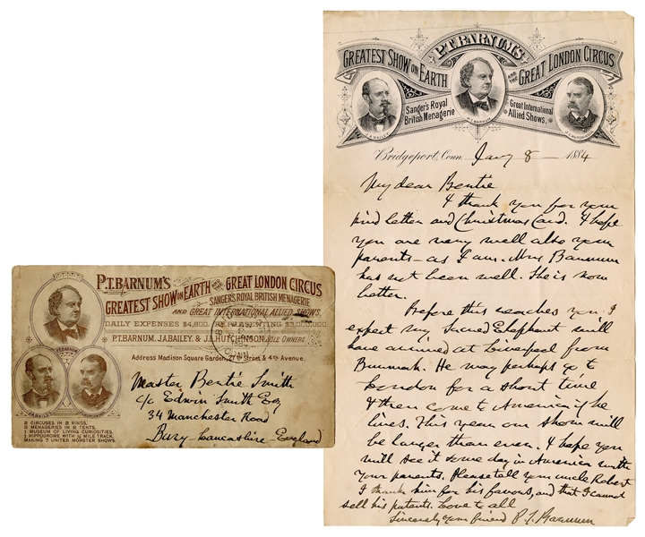  BARNUM, Phineas Taylor. Autograph Letter Signed, re: His “S...