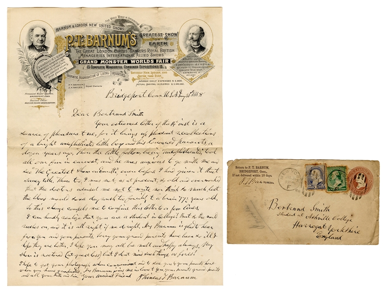  BARNUM, Phineas Taylor. Autograph Letter Signed, to Bertran...