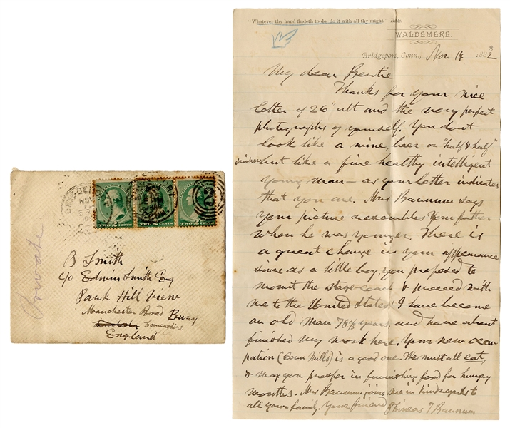  BARNUM, Phineas Taylor. Autograph Letter Signed, to “Bertie...