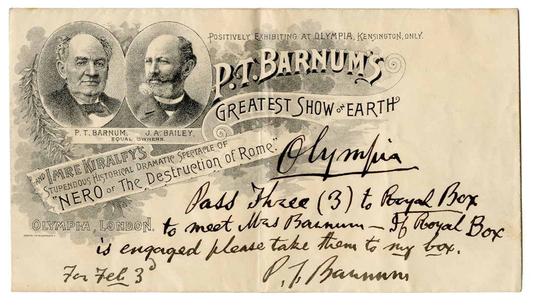  BARNUM, Phineas Taylor. P.T. Barnum Signed Pass to His “Roy...