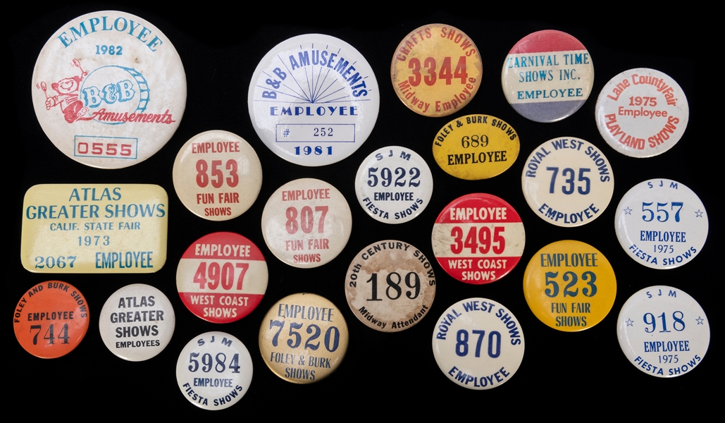  Collection of 29 Carnival Employee Badge Buttons. Circa 197...