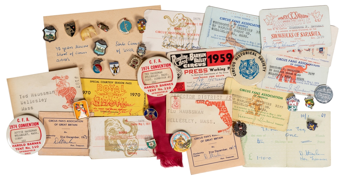  Collection of Circus Membership Cards, Pins, and Ephemera. ...