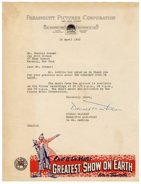  Paramount Pictures “The Greatest Show on Earth” Letter. Apr...