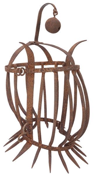  Torture Head Cage with Bell. Iron. Height 15”. Oxidized.