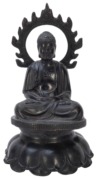 Cast Iron Buddha Deity. With stand. Height 13”.