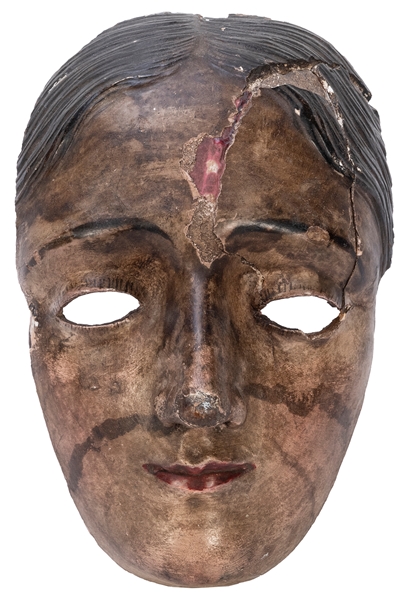  A Mexican Mask. Wood, plaster, paint, cloth. Height 7 ½”. W...