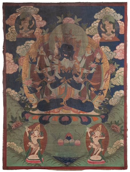  Tibetan Thangka. Circa 19th Century. Paint on silk. Depicts...