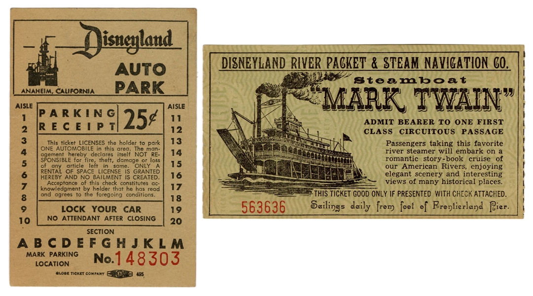  Disneyland “Mark Twain” Steamboat Ticket and Auto Park Rece...