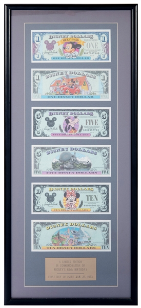  Disney Dollars. Disneyland, 1993. Six bills (two $1, two $5...