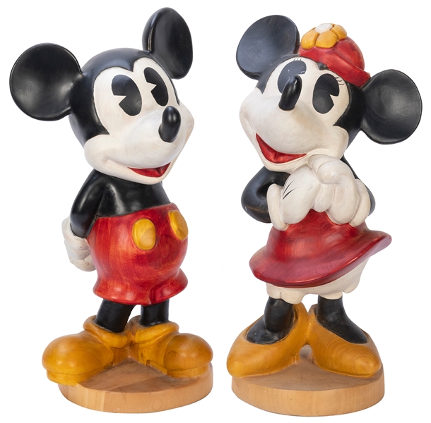  Handcrafted Mickey and Minnie Mouse Wooden Statues. Circa 1...