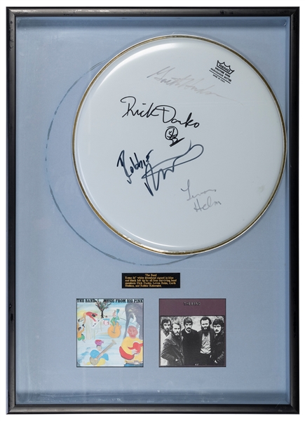  The Band Drumhead Display. White Remo drumhead signed by Ri...