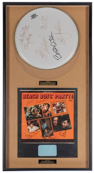  The Beach Boys Drumhead Display. White Remo drumhead signed...