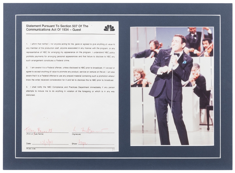  Tony Bennett Signed NBC Communications Act Compliance State...