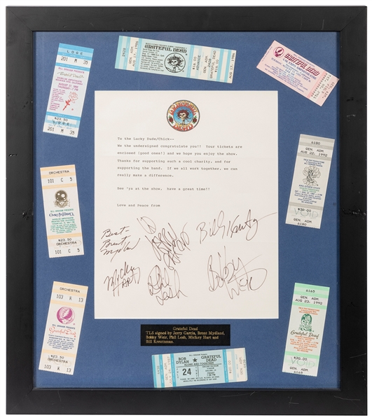  Grateful Dead Concert Tickets and Letter Display. A collect...