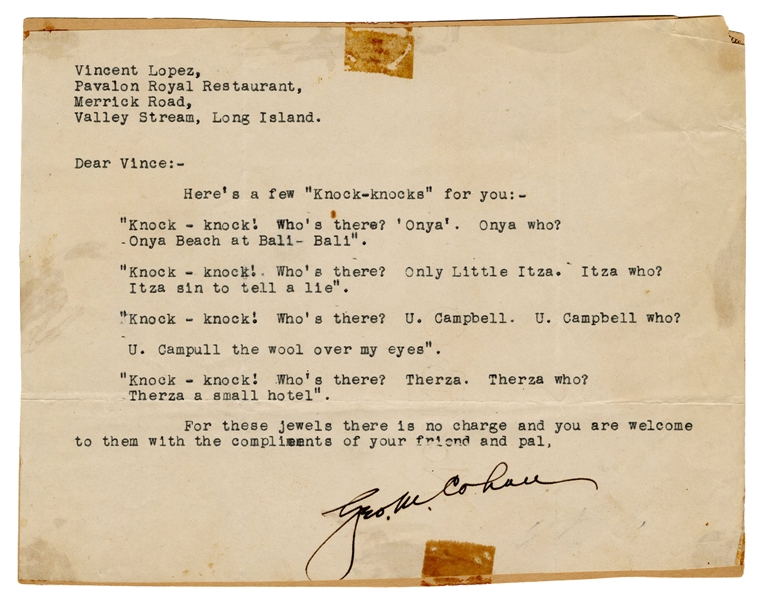  George M. Cohan Typed Letter Signed. [N.d.]. Typed letter t...