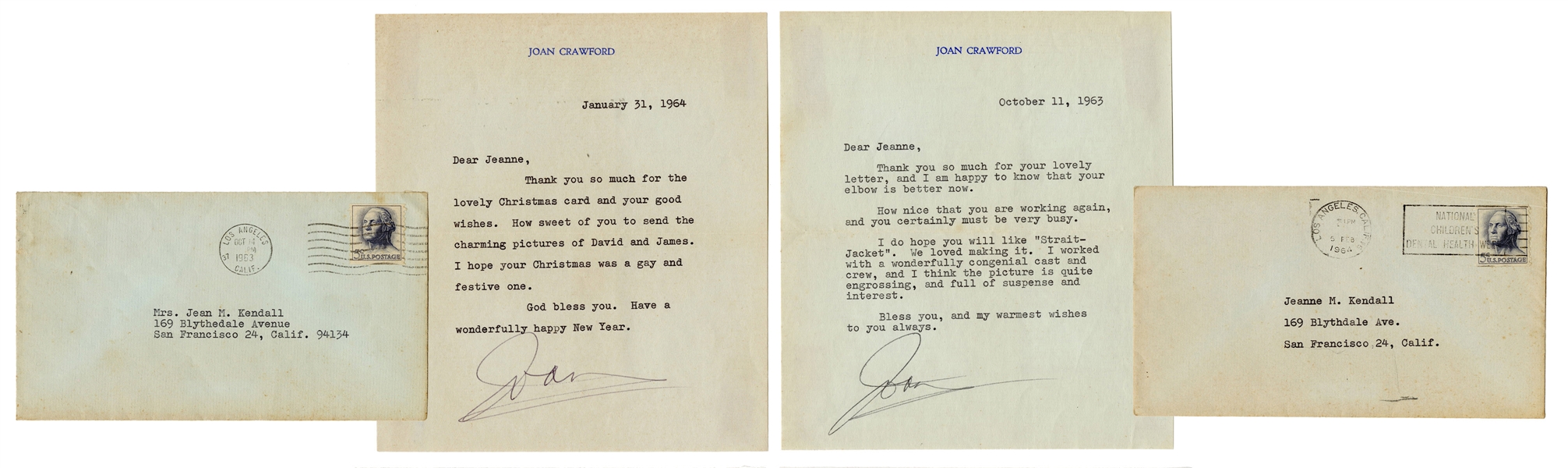  CRAWFORD, Joan. Two Typed Letters Signed, “Joan.” Los Angel...
