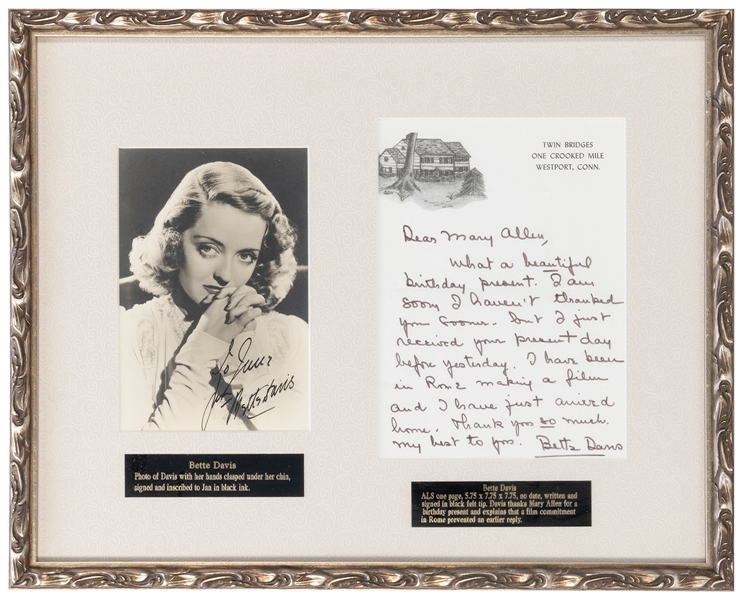  Bette Davis Autograph Display. Includes a black and white p...