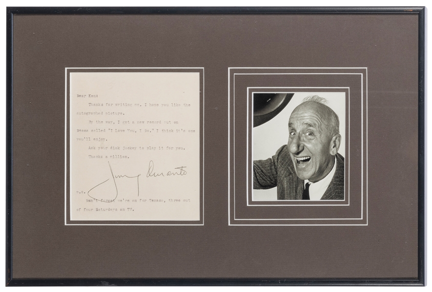  Jimmy Durante Letter Display. Typewritten letter signed by ...