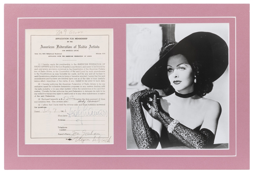  Hedy Lamarr Signed Membership Application. 1941. Applicatio...