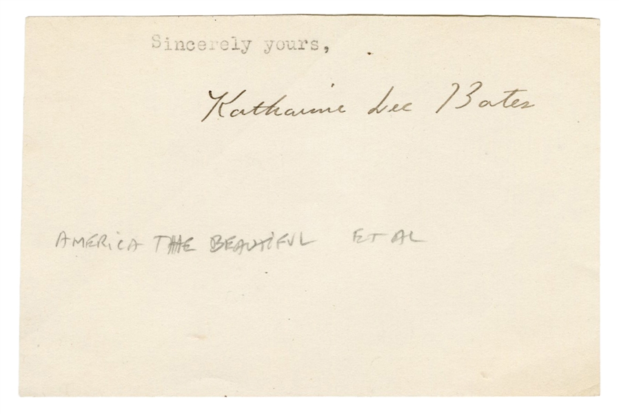 BATES, Katharine Lee (1859-1929). Clipped signature, from a...