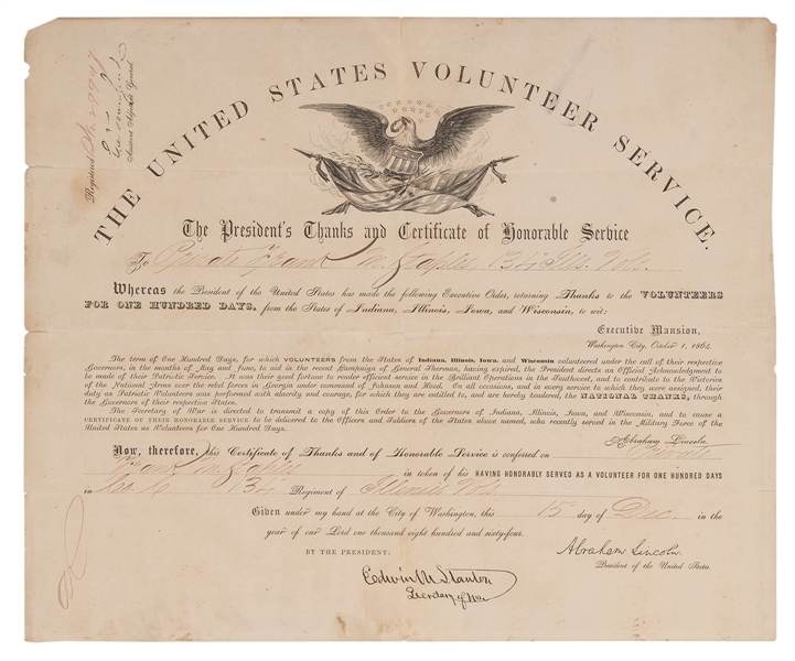  [LINCOLN, Abraham (1809–1865)]. The United States Volunteer...