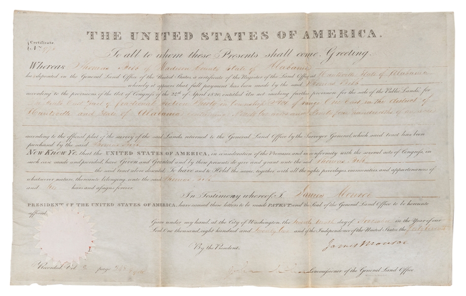  MONROE, James (1758–1831). Engraved document signed as Pres...