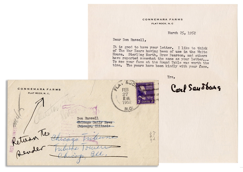  SANDBURG, Carl (1878–1967). Typed Letter Signed (“Carl Sand...