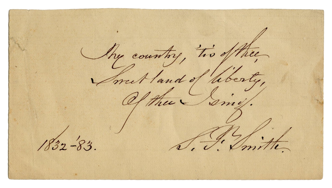  SMITH, Samuel Francis (1808-1895). Autograph quotation sign...