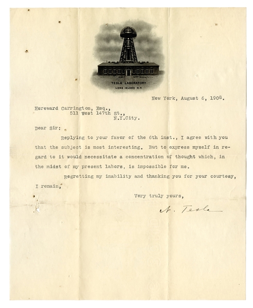  TESLA, Nikola (1856–1943). Typed Letter Signed (“A. Tesla”)...