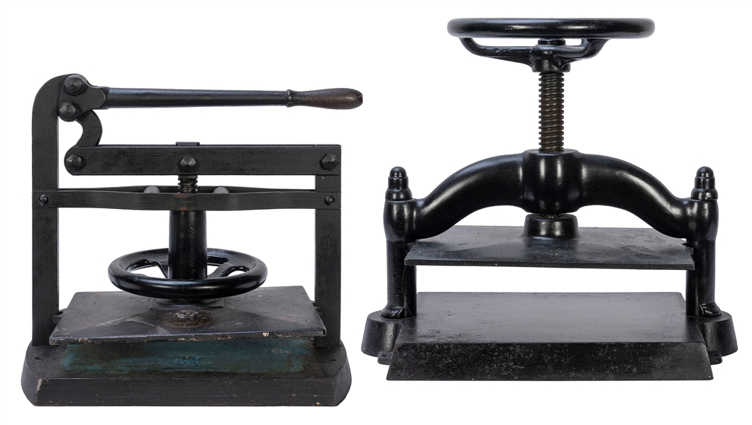  [BOOKPRESS]. Pair of presses. 19th century(?). Cast iron. O...