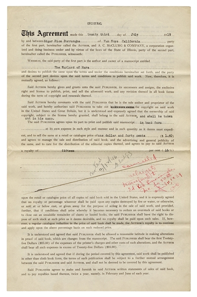  BURROUGHS, Edgar Rice (1875-1950). Typed document signed (“...