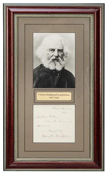  LONGFELLOW, Henry Wadsworth (1807–1882). Autograph note sig...