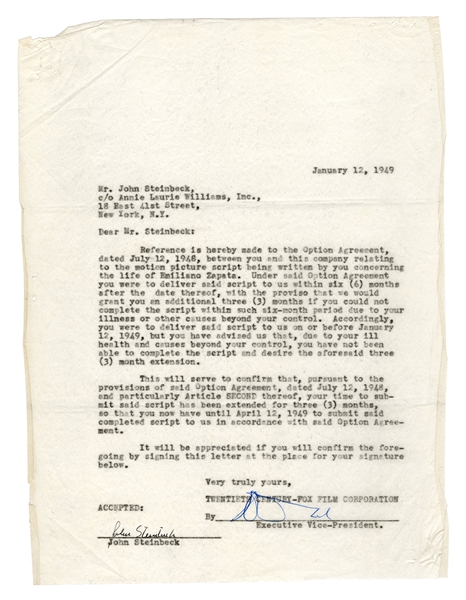  STEINBECK, John (1902-1968). Typed document signed (“John S...