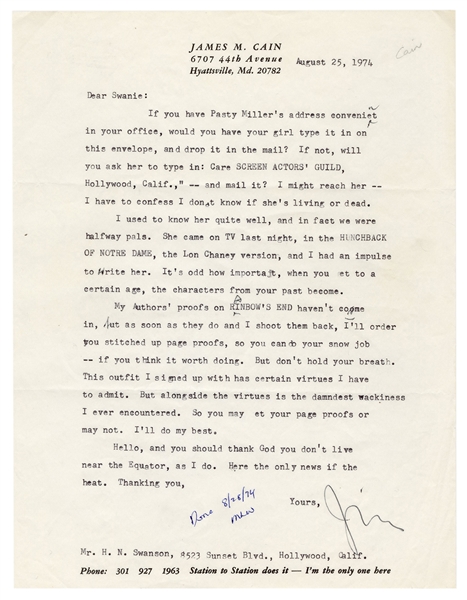  CAIN, James (1892–1977). Typed letter signed (“Jim”) to lit...