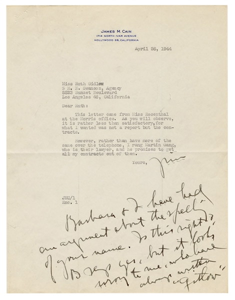  CAIN, James (1892–1977). Typed letter signed (“Jim”) to Rut...