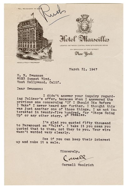  WOOLRICH, Cornell (1903–1968). Typed letter signed (“Cornel...