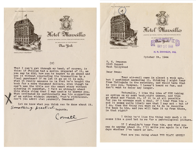 WOOLRICH, Cornell (1903–1968). Typed letter signed (“Cornell”) to his literary Agent, H. N. Swanson. New York, New York, October 24, 1944. 