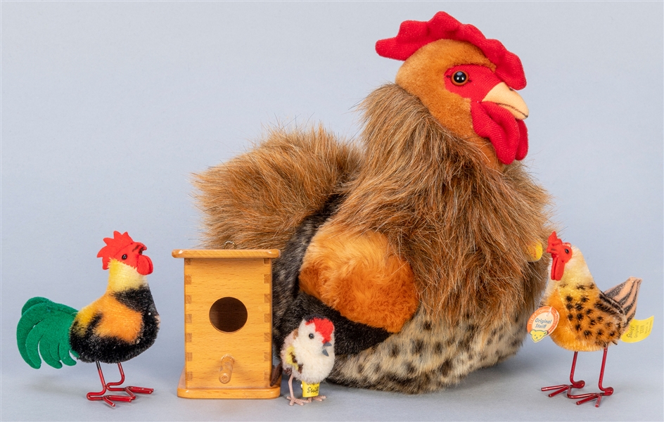  Steiff Hen, Rooster, and Finch in Birdhouse Group (4). Incl...