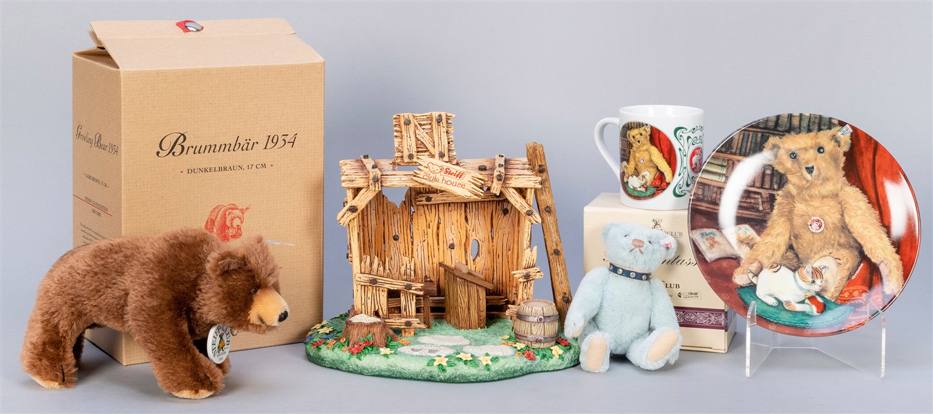  Pair of Steiff Bears, Club House, and Porcelain Pieces. Fiv...