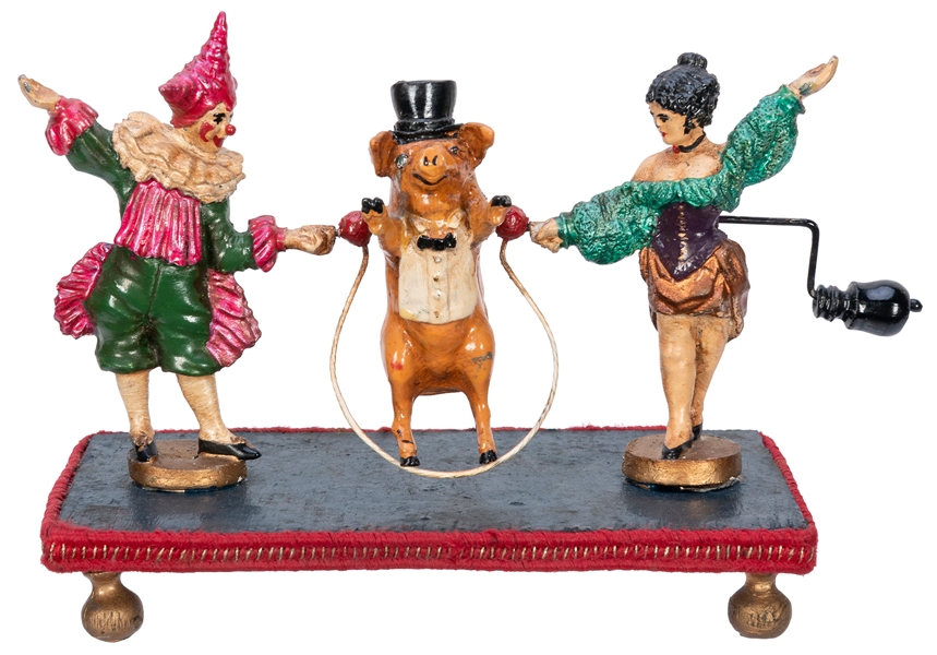  Cold-Painted Bronze Performing Circus Pig with Clown and Sh...