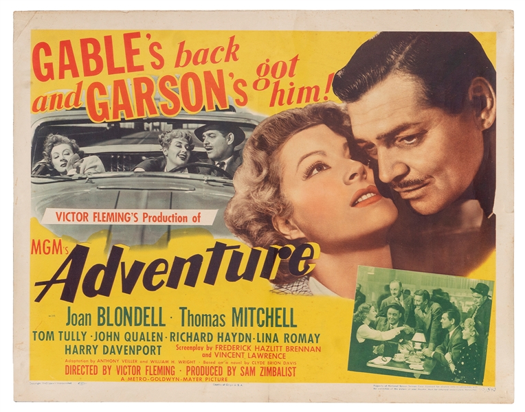  Adventure. MGM, 1945. Half sheet poster depicting Clark Gab...