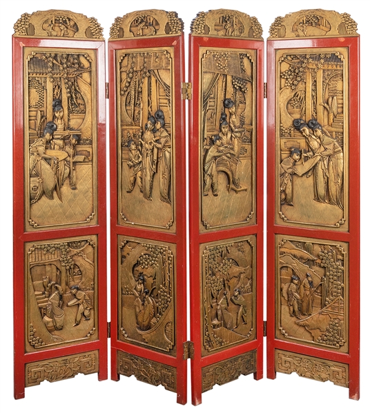  Chinese Red and Gilt Lacquered Four-Panel Folding Screen. L...
