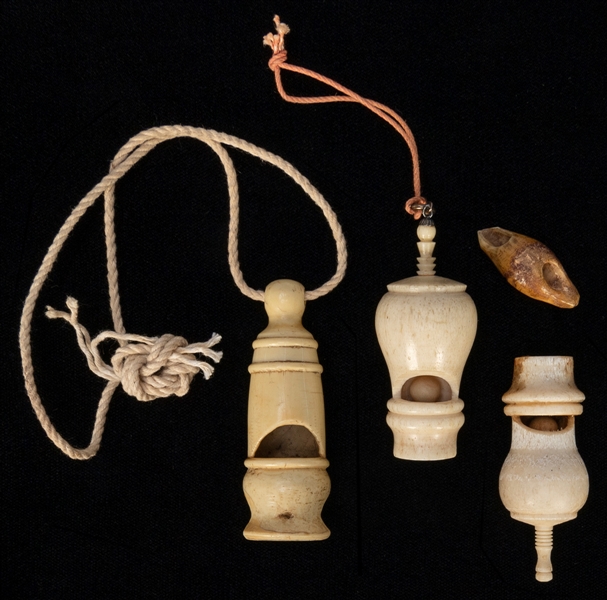  Lot of 3 Carved Bone Whistles. Circa 19th century. Ball ins...