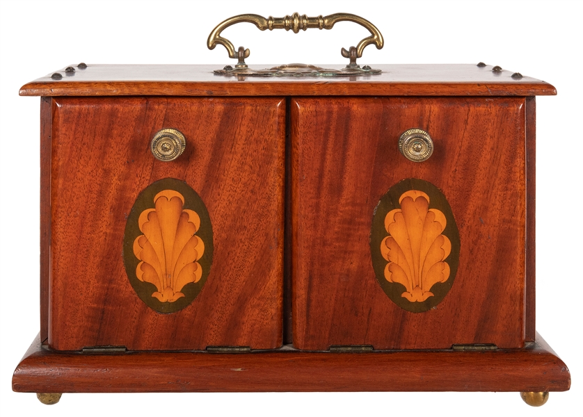  Inlaid Die Box. London: A.W. Gamage, ca. 1917. A large wood...