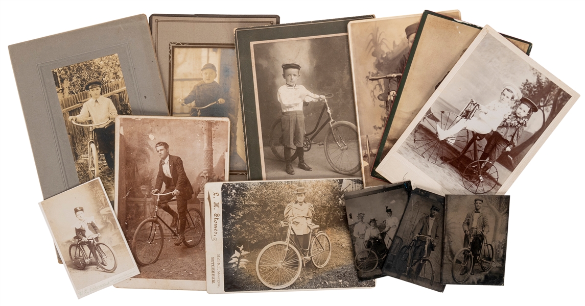  [BICYCLES]. A group of early bicyclist photographs. 19th ce...